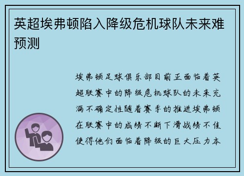 英超埃弗顿陷入降级危机球队未来难预测